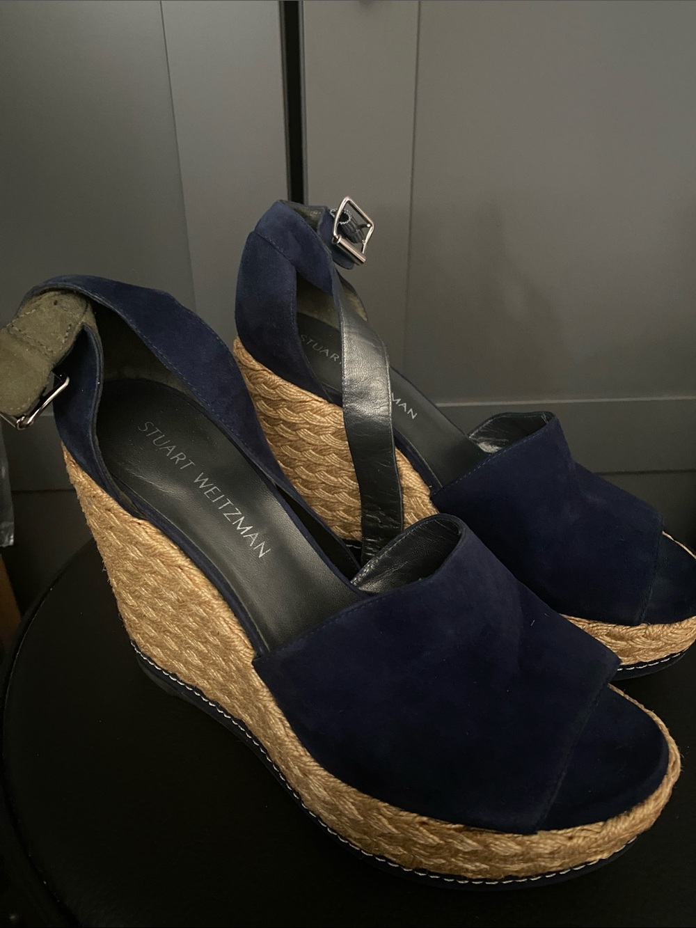 Stuart Weitzman Navy Suede Espadrille Wedges with Braided Jute Heel